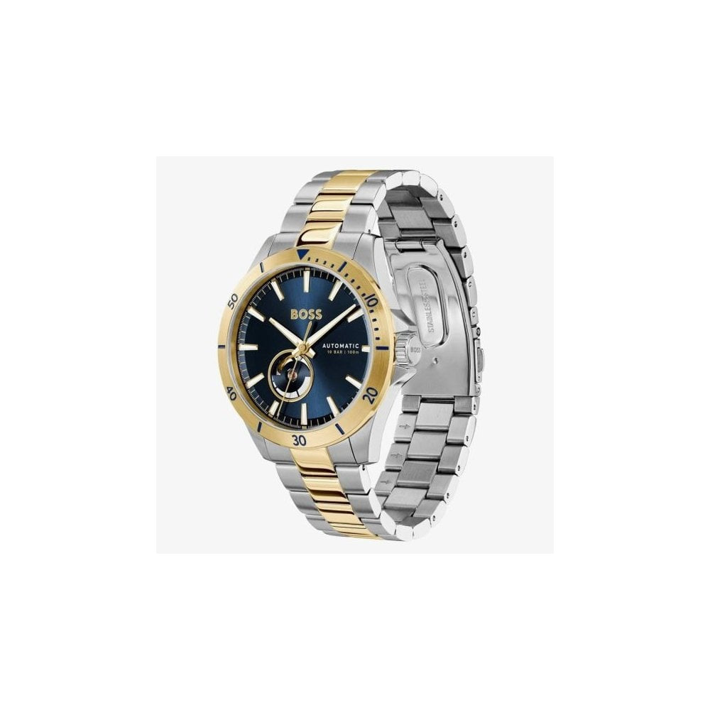 BOSS MEN'S TROPER BLUE DIAL AUTOMATIC TWO TONED STAINLESS STEEL WATCH