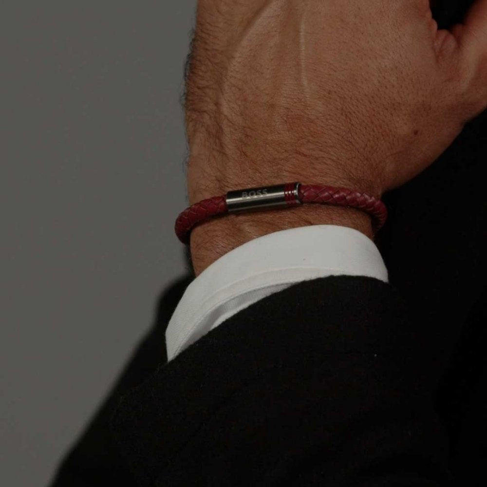 BOSS RED LEATHER BRAIDED BRACELET
