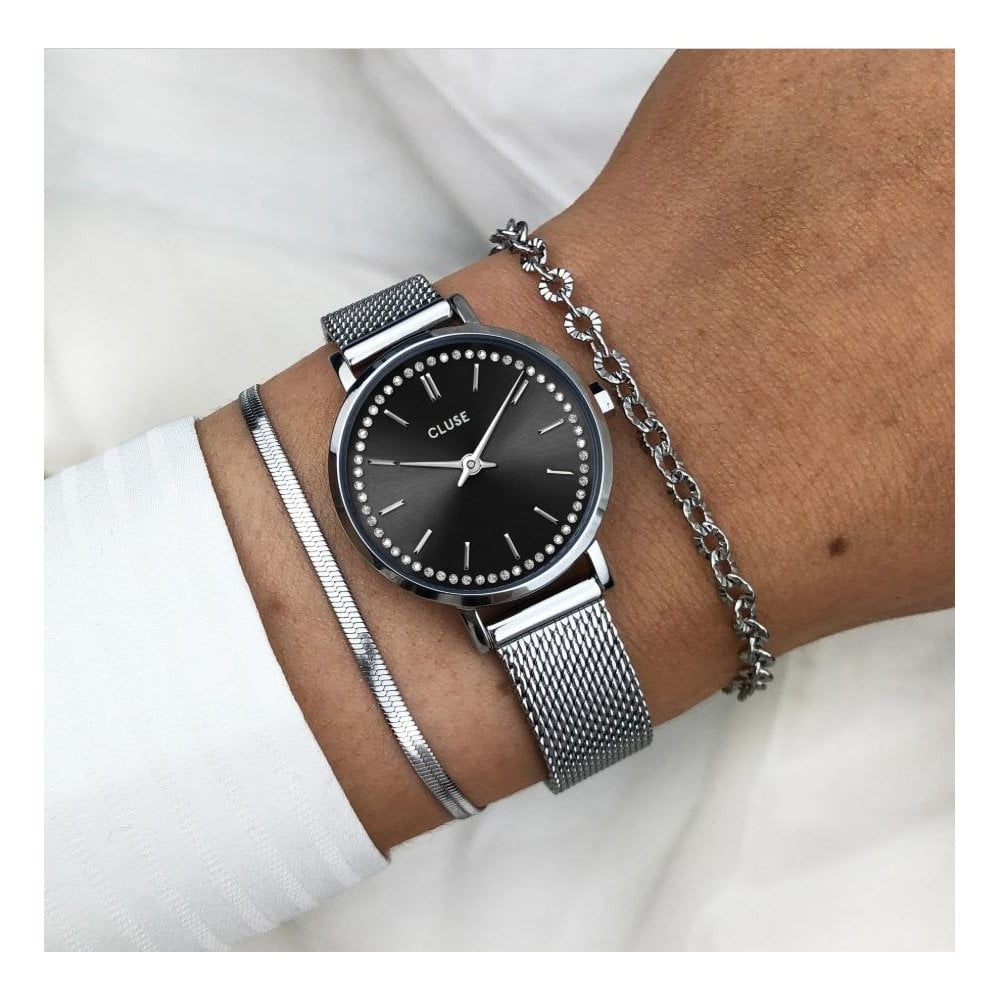 Boho Chic Petite, Black Dial with Crystals, Ladies Stainless Steel Mesh Watch
