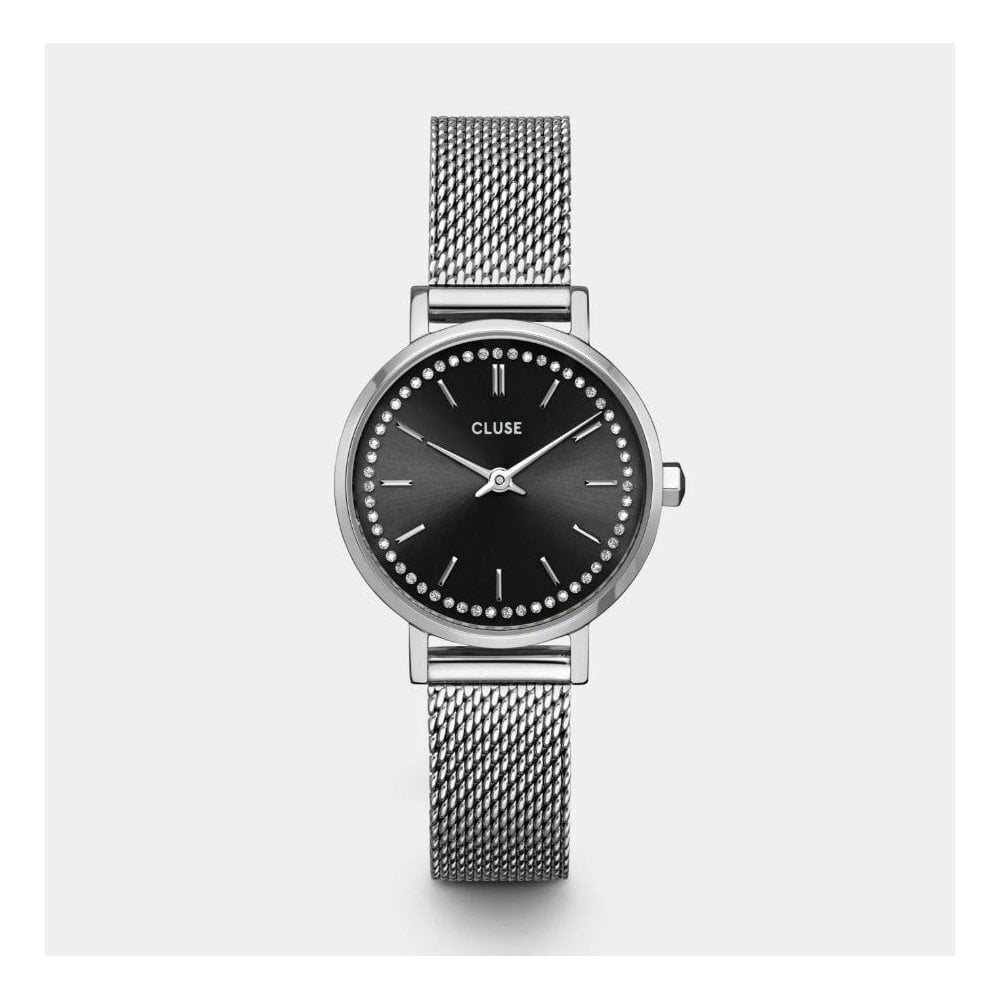Boho Chic Petite, Black Dial with Crystals, Ladies Stainless Steel Mesh Watch