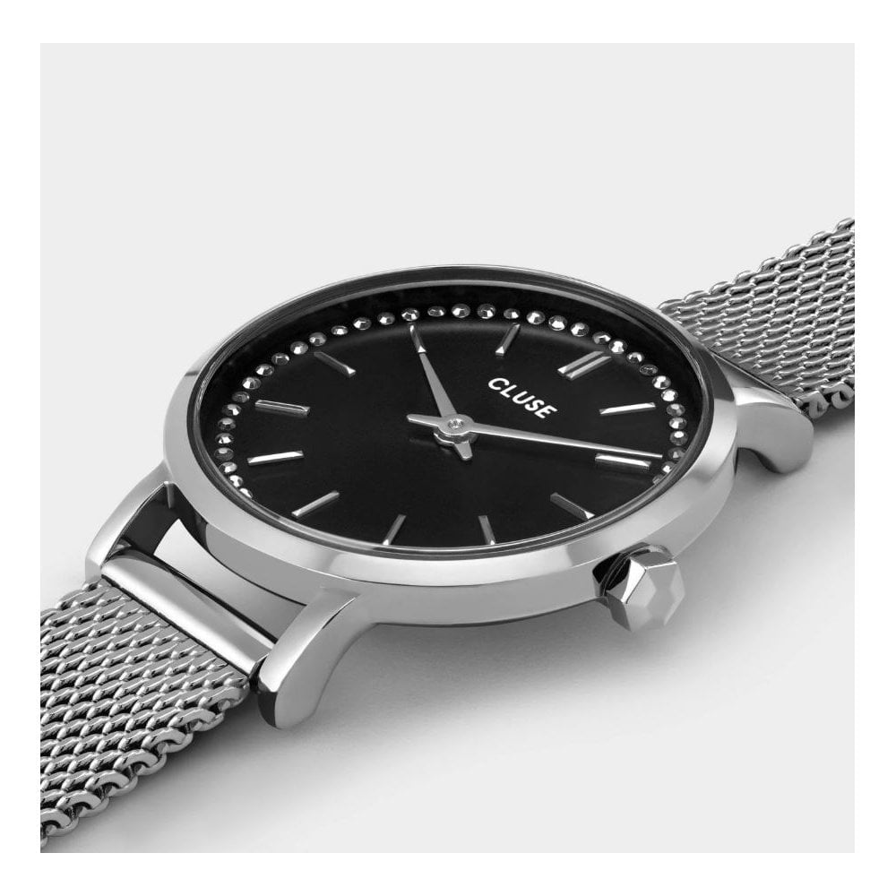 Boho Chic Petite, Black Dial with Crystals, Ladies Stainless Steel Mesh Watch