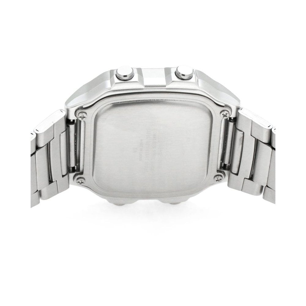 CHRONOGRAPH DIGITAL WORLD TIME RECTANGULAR STAINLESS STEEL BRACELET WATCH
