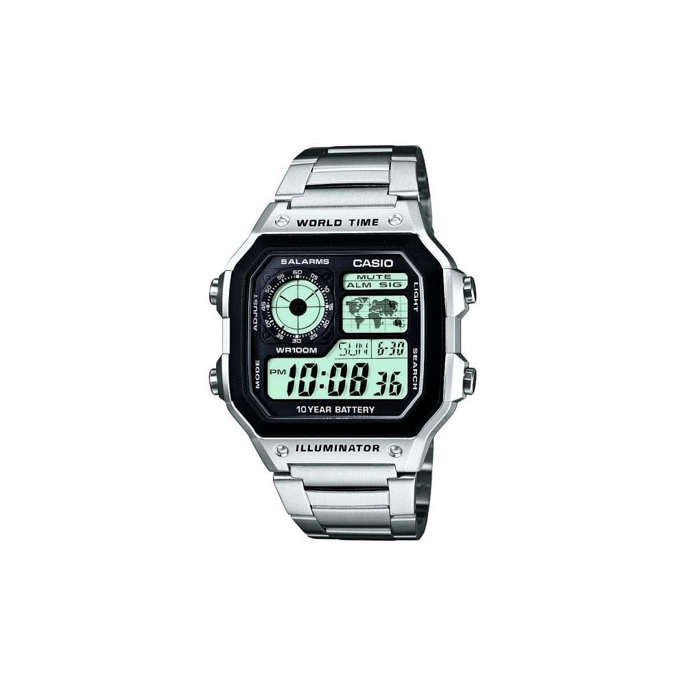 CHRONOGRAPH DIGITAL WORLD TIME RECTANGULAR STAINLESS STEEL BRACELET WATCH