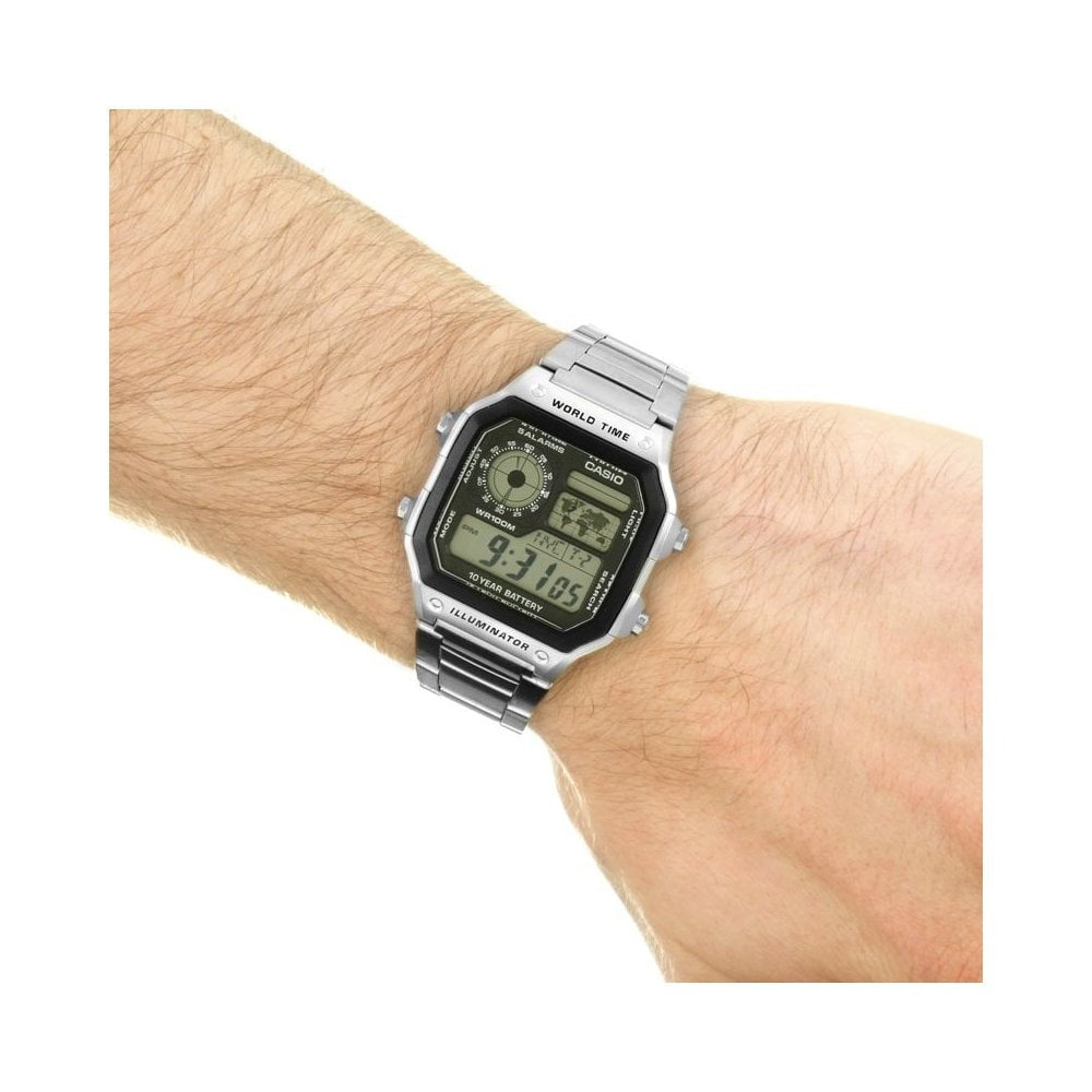 CHRONOGRAPH DIGITAL WORLD TIME RECTANGULAR STAINLESS STEEL BRACELET WATCH