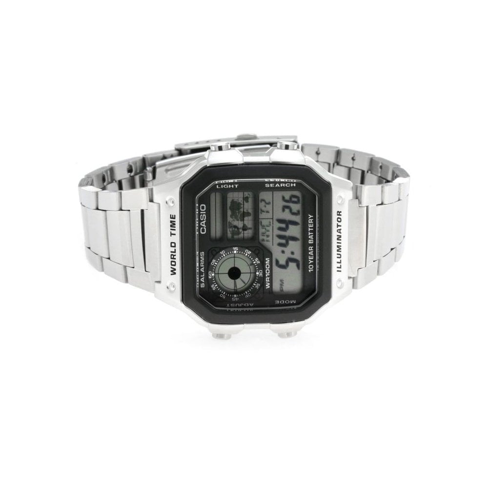 CHRONOGRAPH DIGITAL WORLD TIME RECTANGULAR STAINLESS STEEL BRACELET WATCH