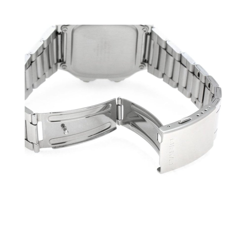 CHRONOGRAPH DIGITAL WORLD TIME RECTANGULAR STAINLESS STEEL BRACELET WATCH