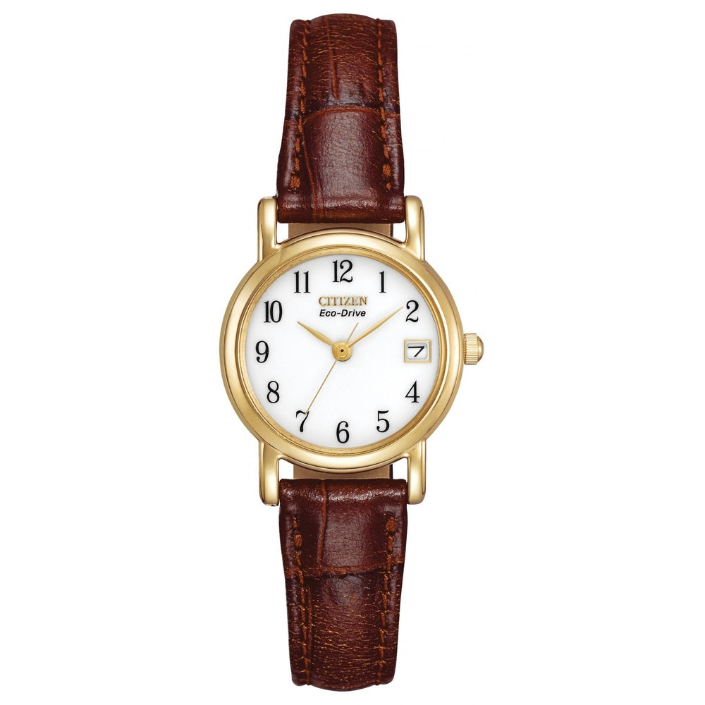 CITIZEN SMALL ELECTROPLATED GOLD STAINLESS STEEL WATCH WITH BROWN LEATHER STRAP