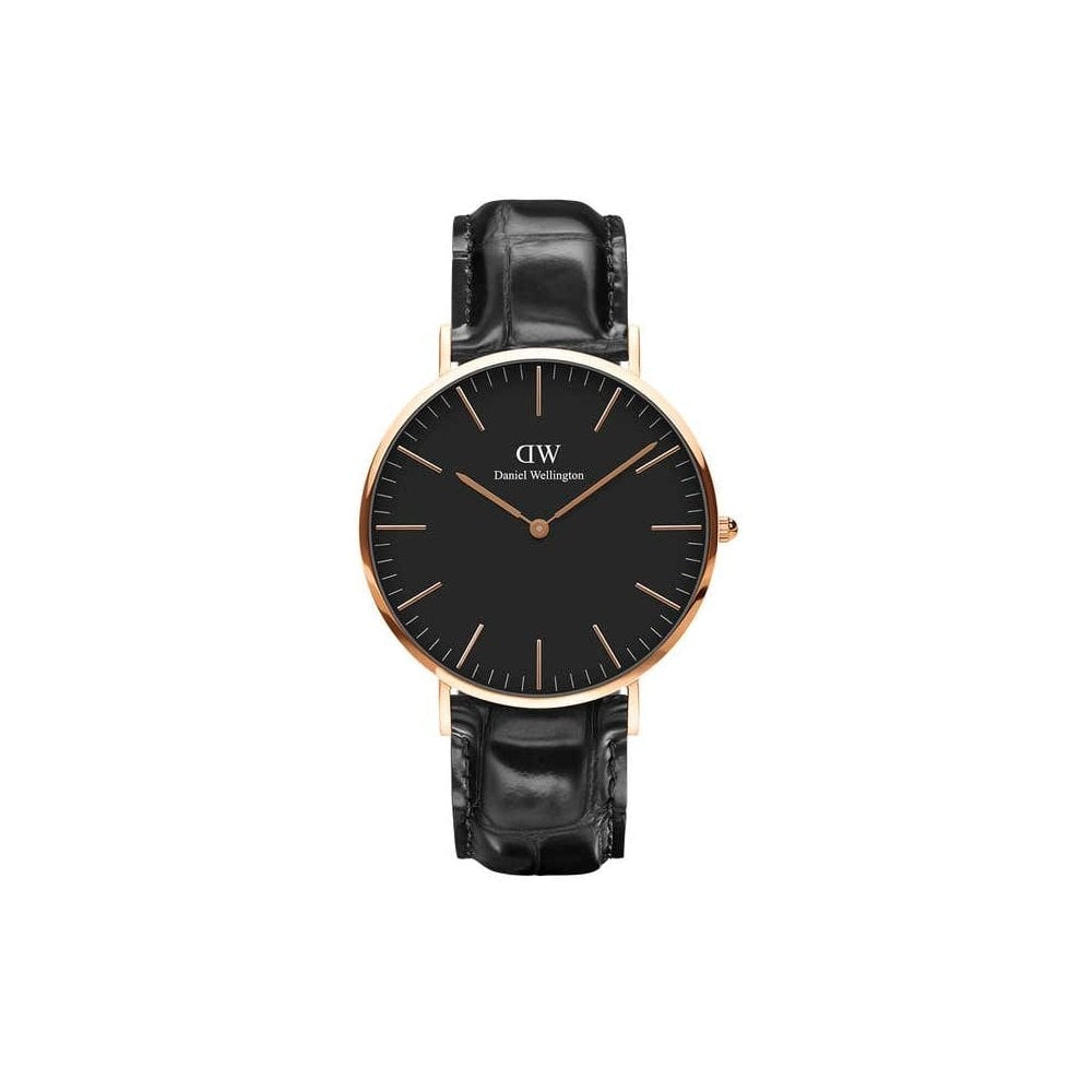 CLASSIC READING ROSE GOLD STAINLESS STEEL WATCH WITH BLACK LEATHER STRAP & BLACK DIAL