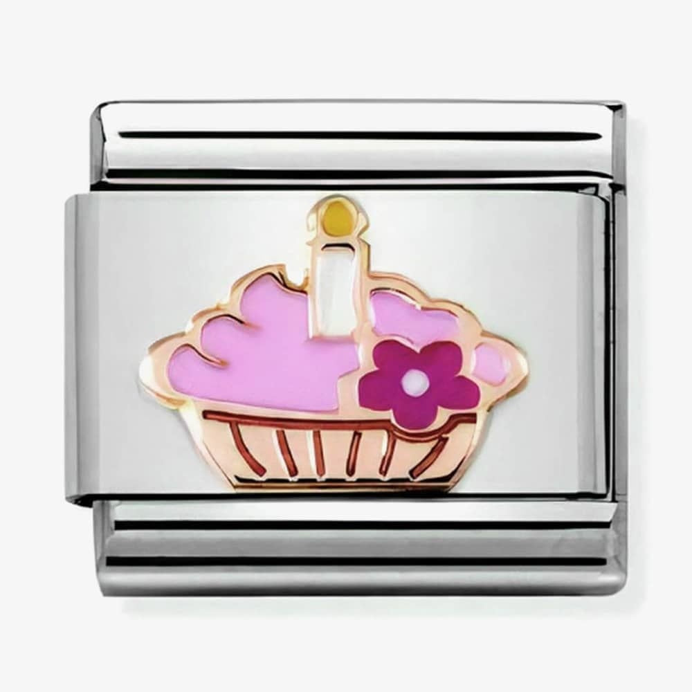 CLASSIC ROSE GOLD CUPCAKE CHARM WITH PINK ENAMEL & CANDLE & FLOWER