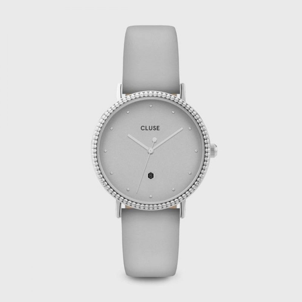 CLUSE LE COURONNEMENT SILVER FACE WITH SOFT GREY LEATHER STRAP