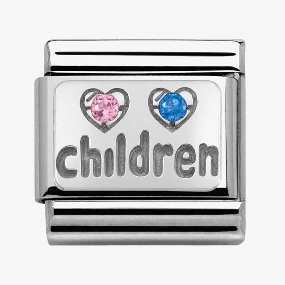 COMPOSABLE CLASSIC CHILDREN CHARM, PINK & BLUE CUBIC ZIRCONIA, STAINLESS STEEL & SILVER