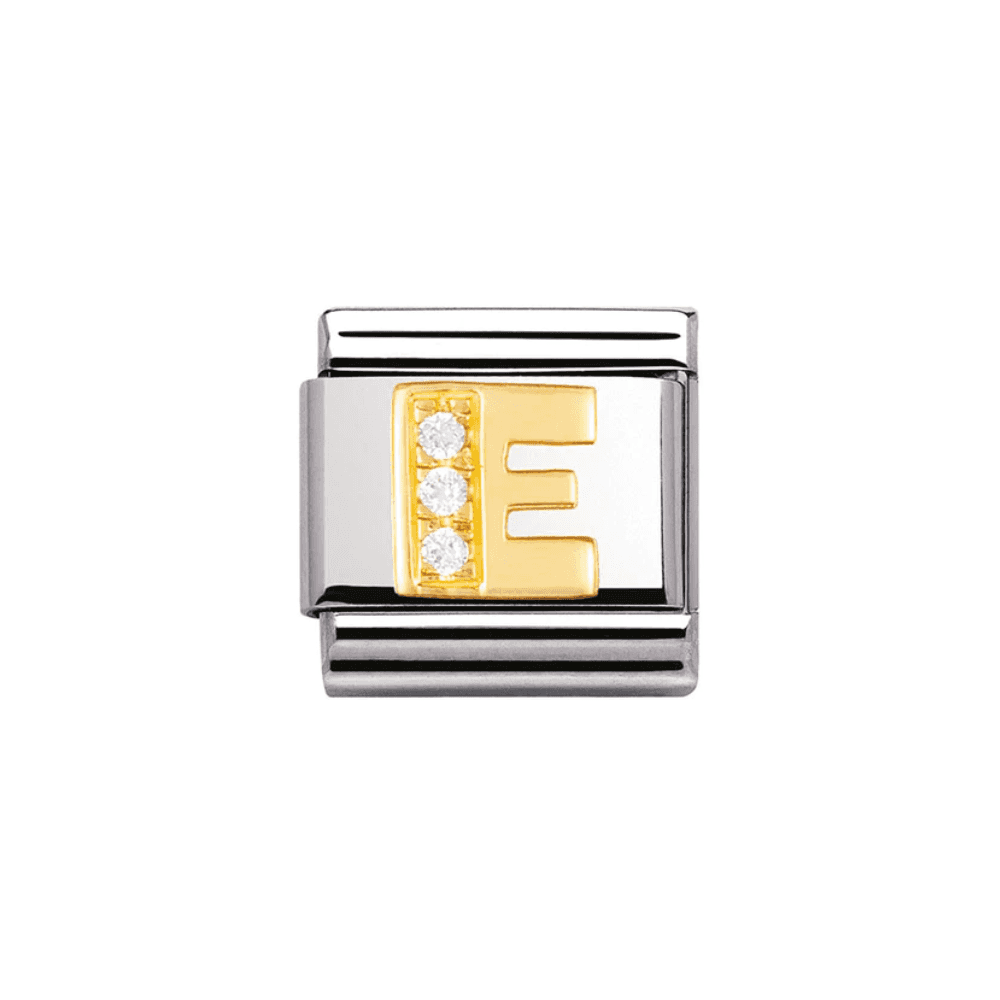 COMPOSABLE Classic LETTER E in stainless steel with 18k gold and Cubic Zirconia