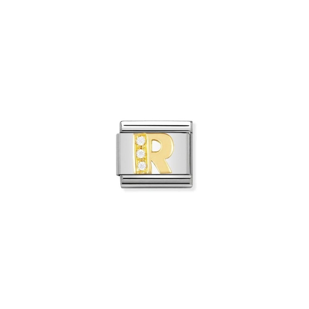 COMPOSABLE Classic LETTER R in stainless steel with 18k gold and Cubic Zirconia