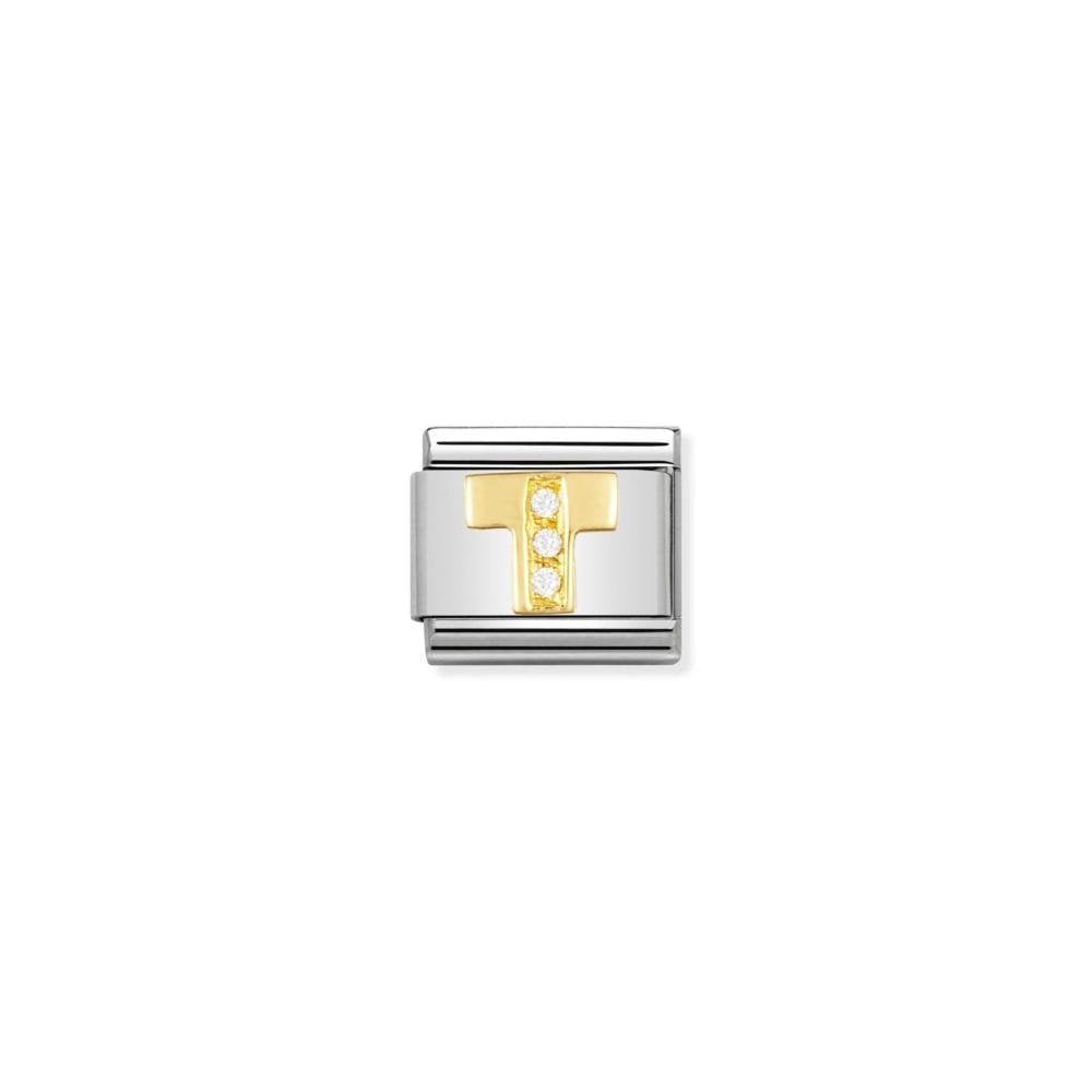 COMPOSABLE Classic LETTER T in stainless steel with 18k gold and Cubic Zirconia