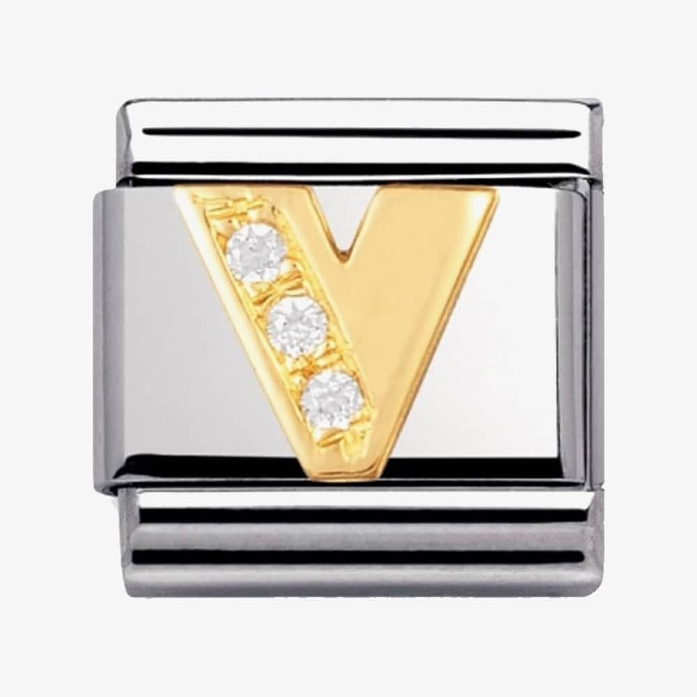 COMPOSABLE Classic LETTER V in stainless steel with 18k gold and Cubic Zirconia