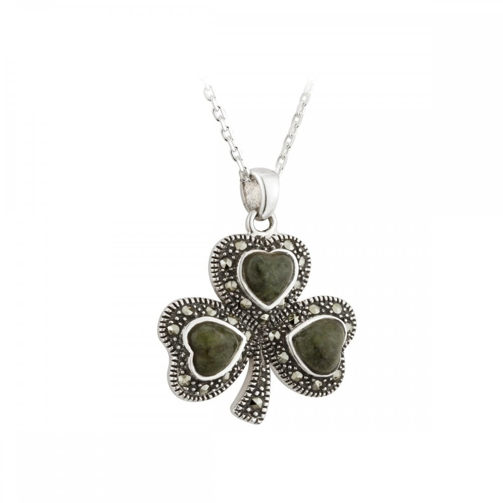 CONNEMARA MARBLE SHAMROCK PENDANT MARCASITE CHAIN