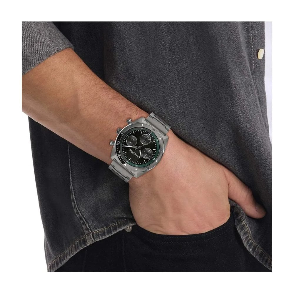Calvin Klein Fles, Chronograph, Grey& Green Dial Stainless Steel Watch