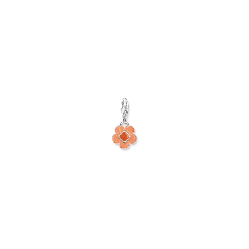 Charm pendant flower with orange stone silver