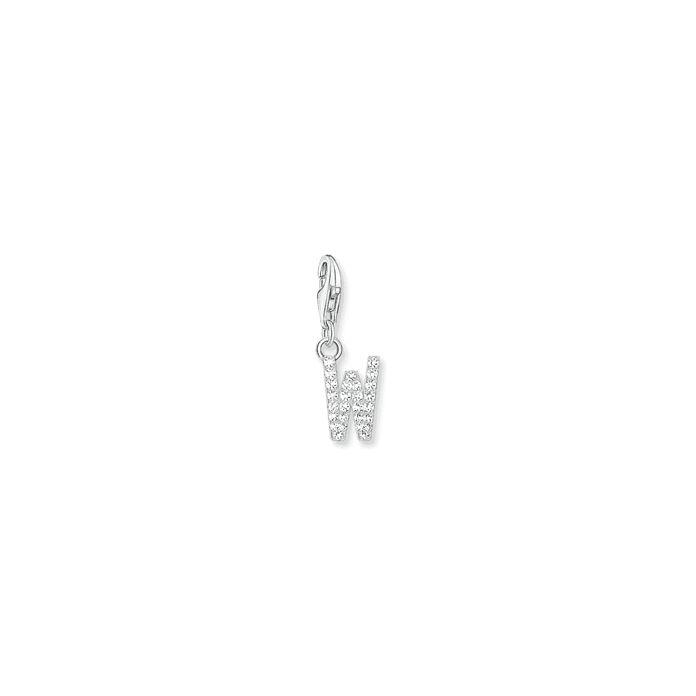 Charm pendant letter W with white stones silver