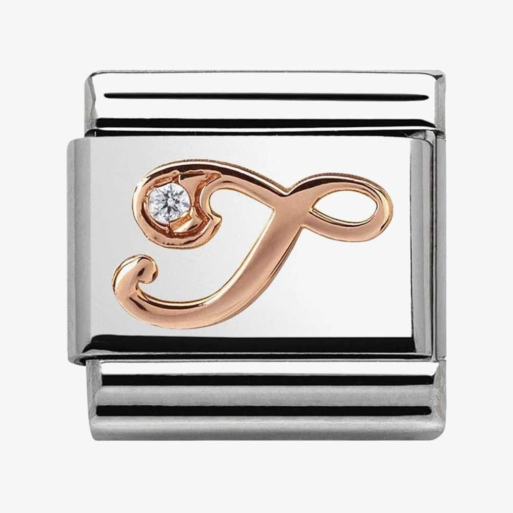 Composable Classic LETTER / INITIAL T steel, zirconia and 9CT rose gold charm