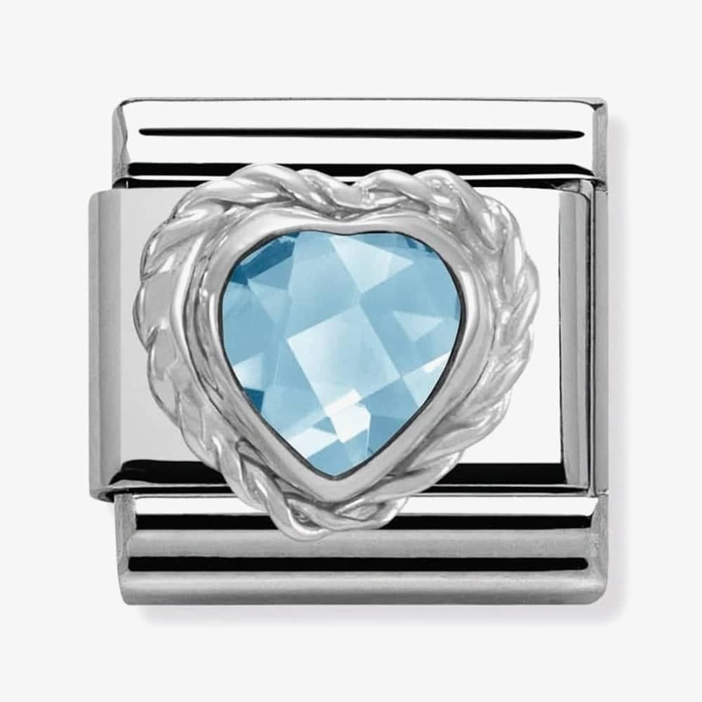 Composable LIGHT BLUE HEART FACETED CZ in stainless steel 925 silver twisted setting