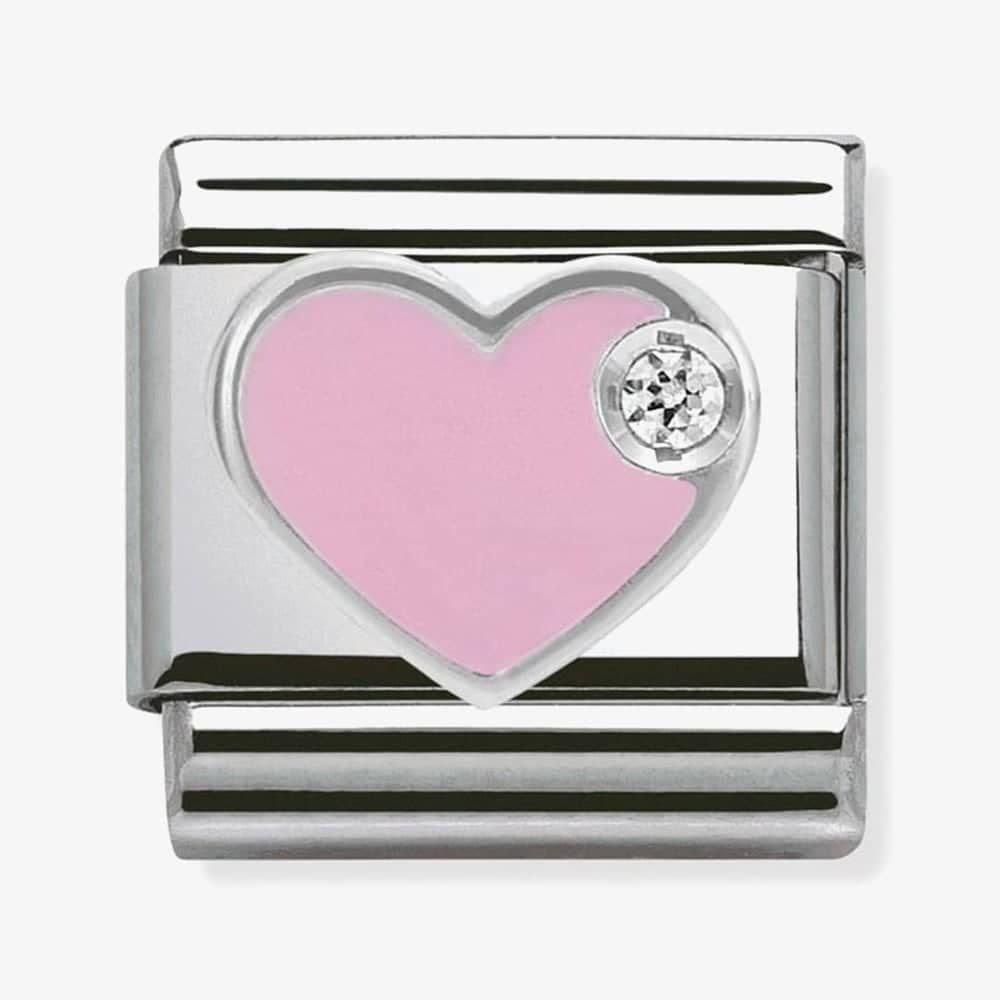 Composable PINK HEART stainless steel, enamel, 1 Cubic Zirconia and 925 silver