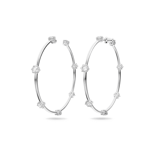 Constella hoop earrings Round cut, Small, White, Rhodium plated