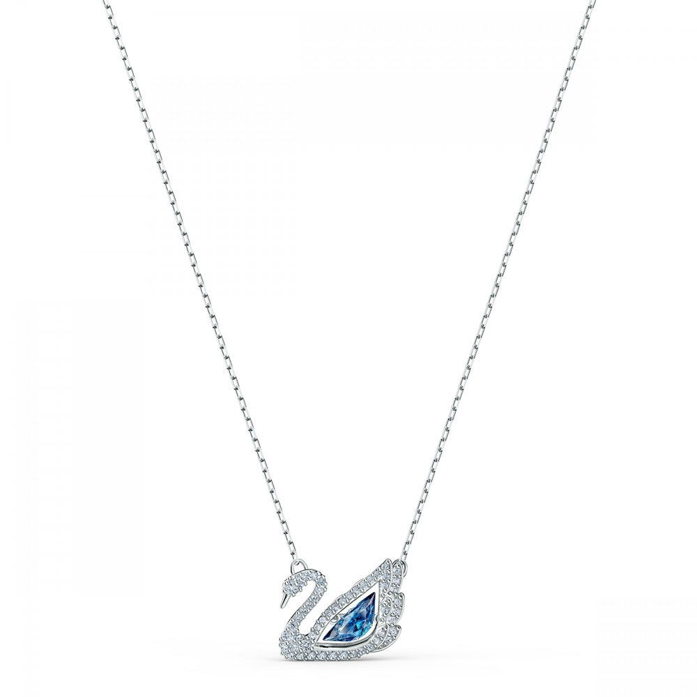 DANCING SWAN NECKLACE, DEEP BLUE CRYSTAL CENTRE & CLEAR CRYSTAL SURROUND, RHODIUM PLATED
