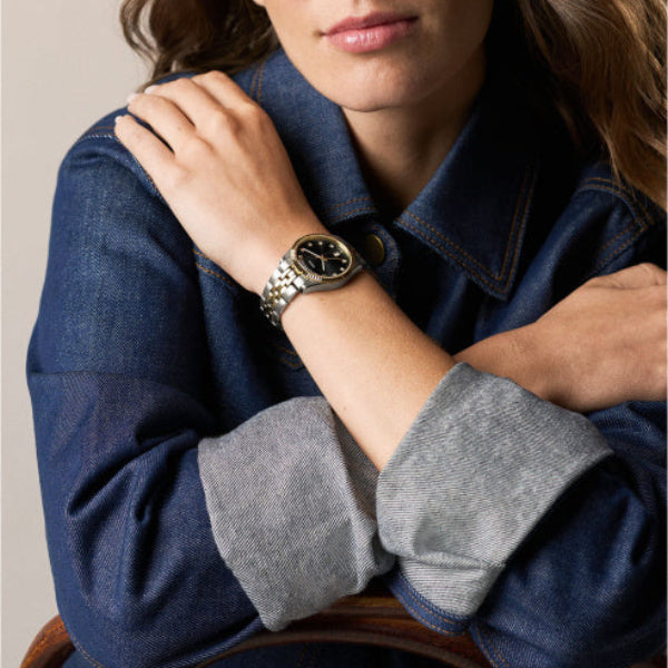 Fossil Scarlette Black Dial Day/Date Ladies Two-Toned Stainless Steel Watch