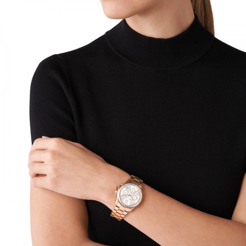 EVEREST ROSE GOLD CHRONOGRAPH BRACELET WATCH WITH WHITE DIAL & ZIRCONIA DETAIL