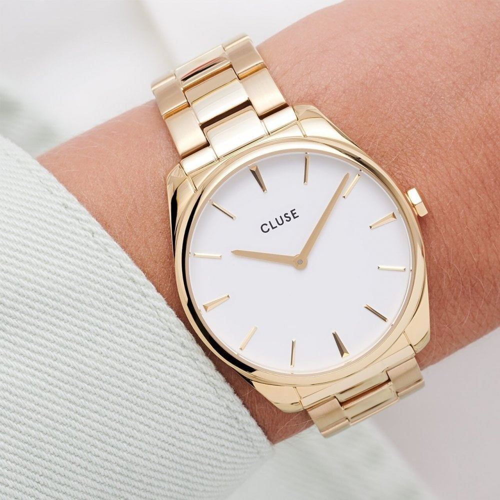 FEROCE LADIES GOLD STAINLESS STEEL BRACELET WATCH WITH WHITE DIAL