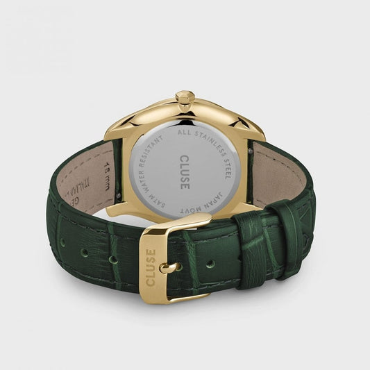 FEROCE LADIES GOLD STAINLESS STEEL WATCH WITH GREEN LEATHER STRAP & GREEN DIAL