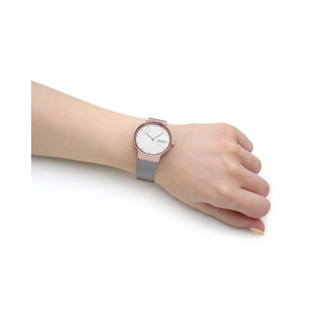 FREJA STAINLESS STEEL LADIES MESH BRACELET WATCH W/GOLD & ZIRCONIA DETAIL
