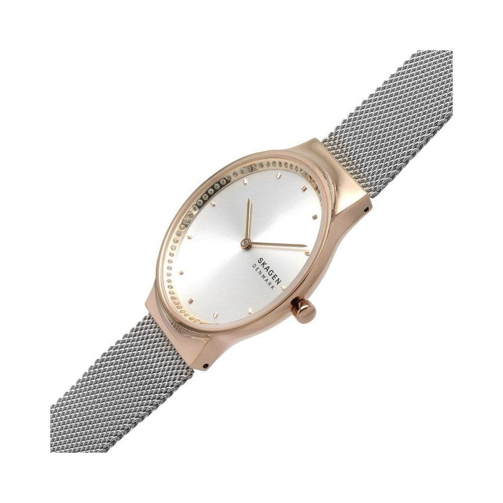 FREJA STAINLESS STEEL LADIES MESH BRACELET WATCH W/GOLD & ZIRCONIA DETAIL