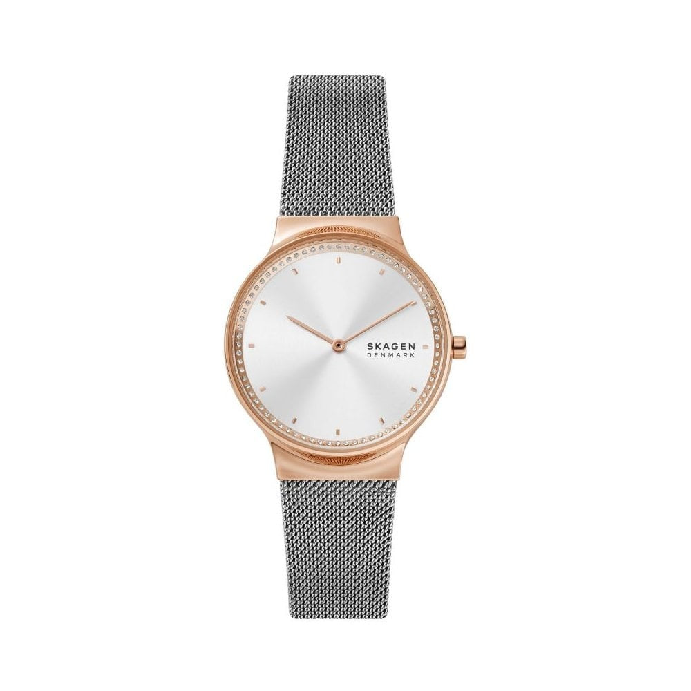 FREJA STAINLESS STEEL LADIES MESH BRACELET WATCH W/GOLD & ZIRCONIA DETAIL