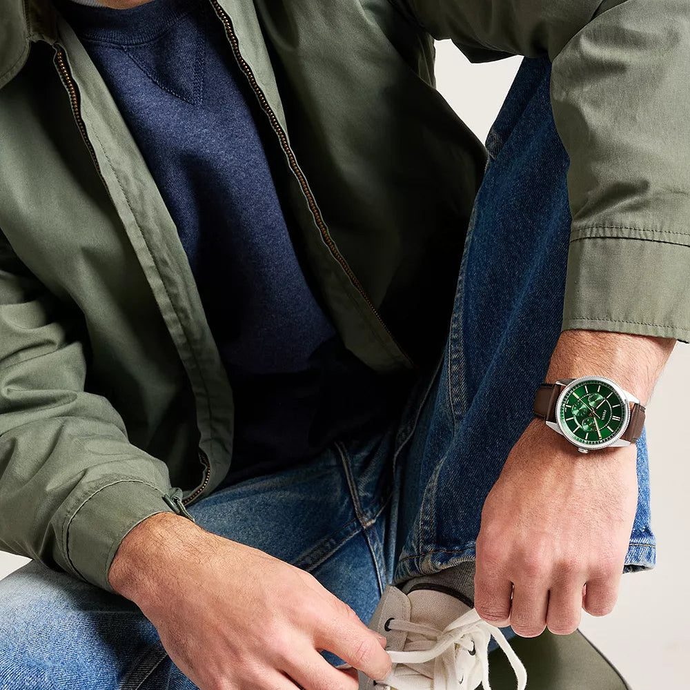 FOSSIL PEARSON GREEN DIAL GENTS BROWN LEATHER WATCH