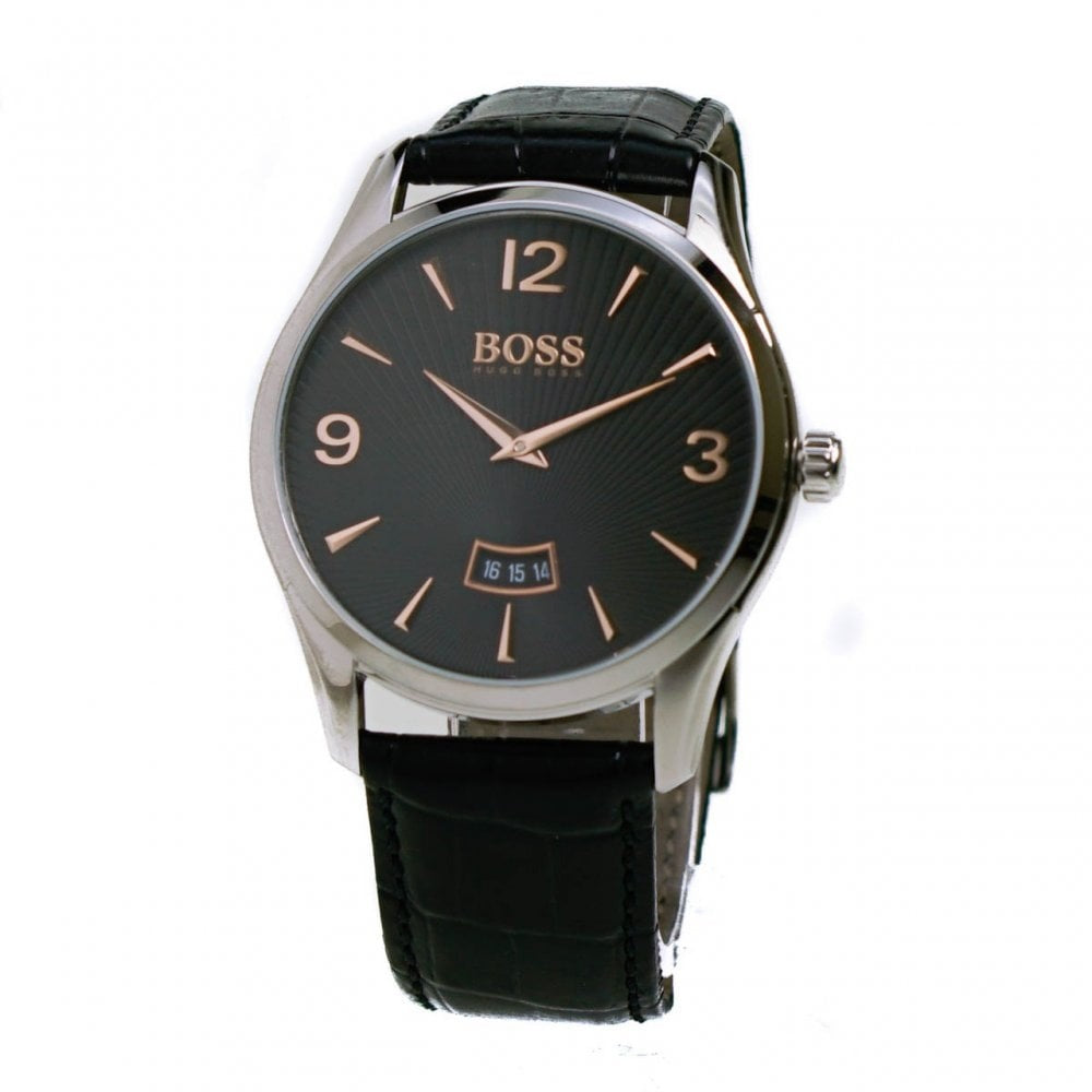 GOVERNOR POLISHED STAINLESS-STEEL WATCH WITH GRAY TWO-LEVEL DIAL AND EMBOSSED LEATHER STRAP
