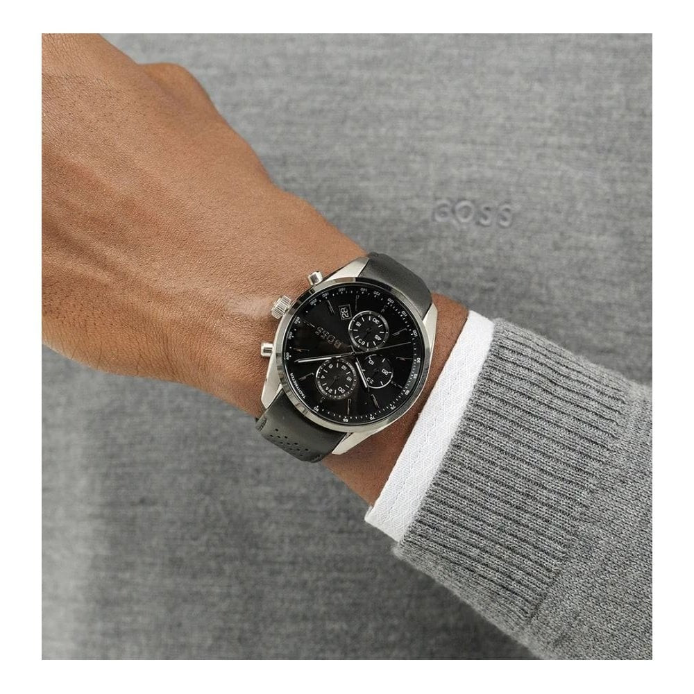 Grand Prix, Black Dial, Chronogtaph, Black Leather Gents Watch