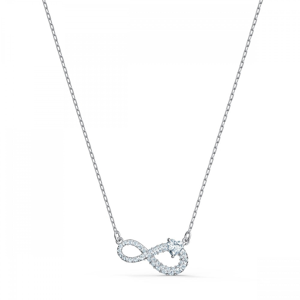 INFINITY NECKLACE, WHITE SWAROVSKI CRYSTALS, RHODIUM PLATED