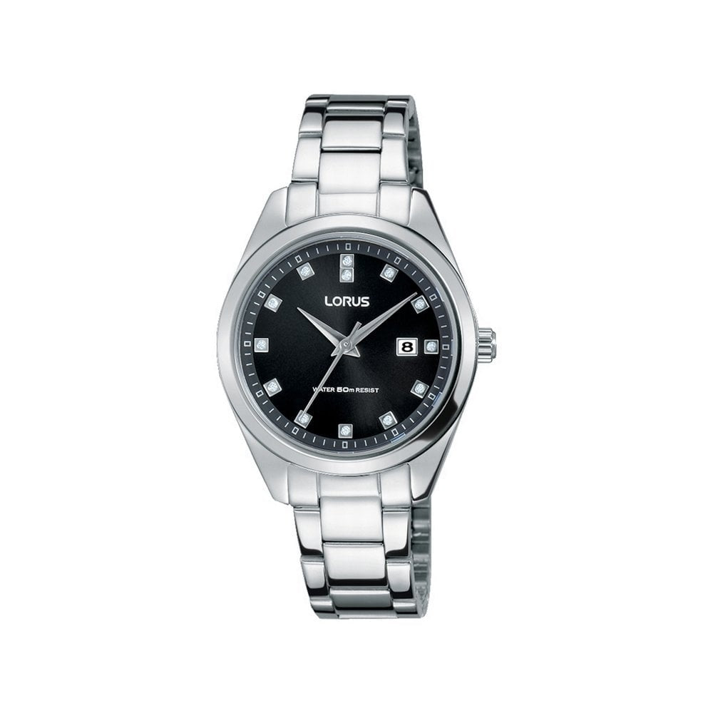 LORUS LADIES STAINLESS STEEL BRACELET QUARTZ WATCH WITH BLACK FACE AND DATE