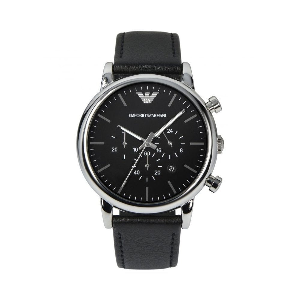 LUIGI STAINLESS STEEL MULTI-DIAL GENTS WATCH WITH BLACK LEATHER STRAP & BLACK DIAL