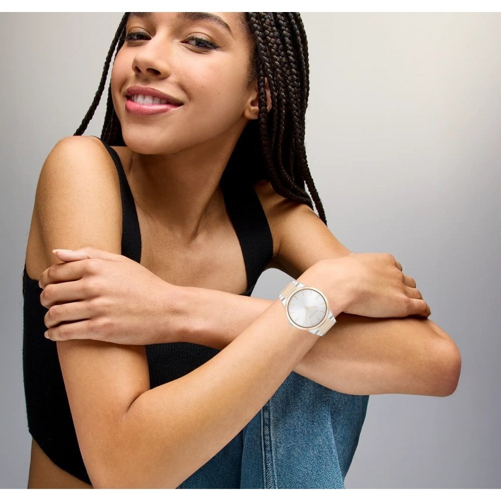 Linear Elegance Two-Tone Ladies Stainless Steel Watch