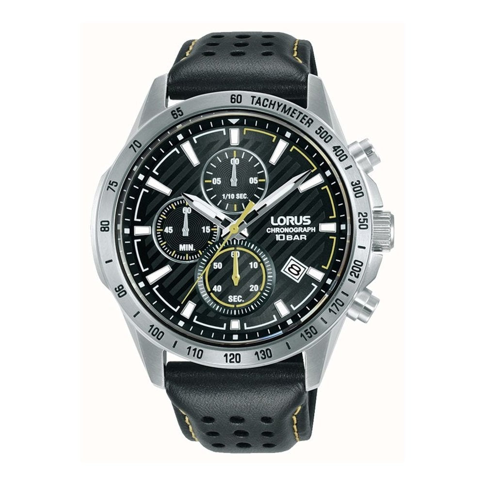 Lorus Sports Quartz Chronograph Black Sunray Dial Leather Watch