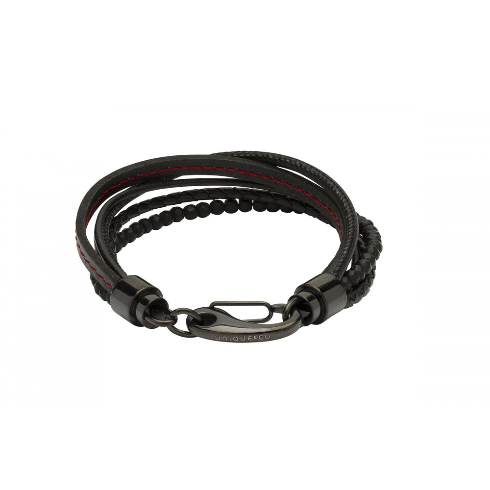 MENS GUN METAL BLACK LEATHER BRACELET