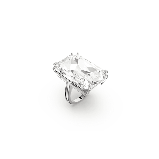 MESMERA RECTANGULAR LARGE CLEAR CRYSTAL COCKTAIL RING SILVER