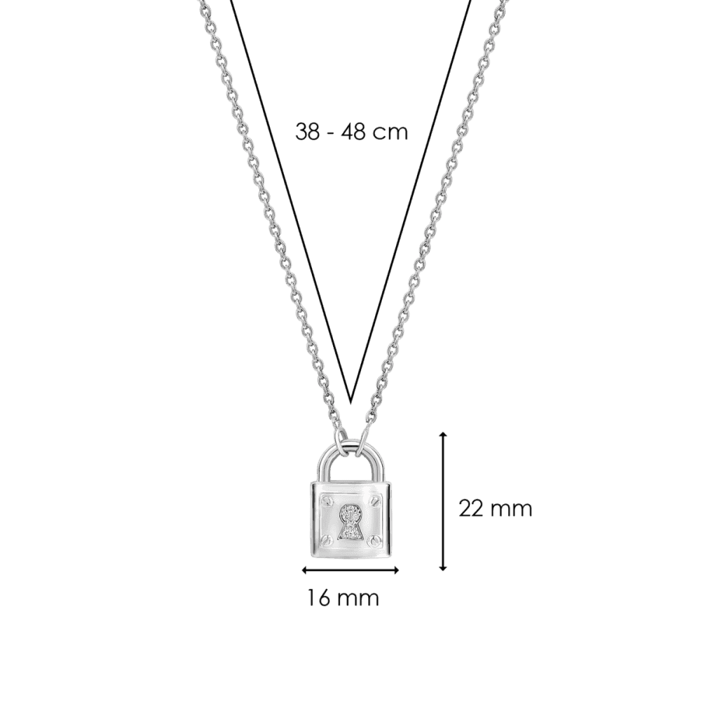 MILANO STERLING SILVER LOCK PENDANT WITH ZIRCONIA & ADJUSTABLE LENGTH CHAIN
