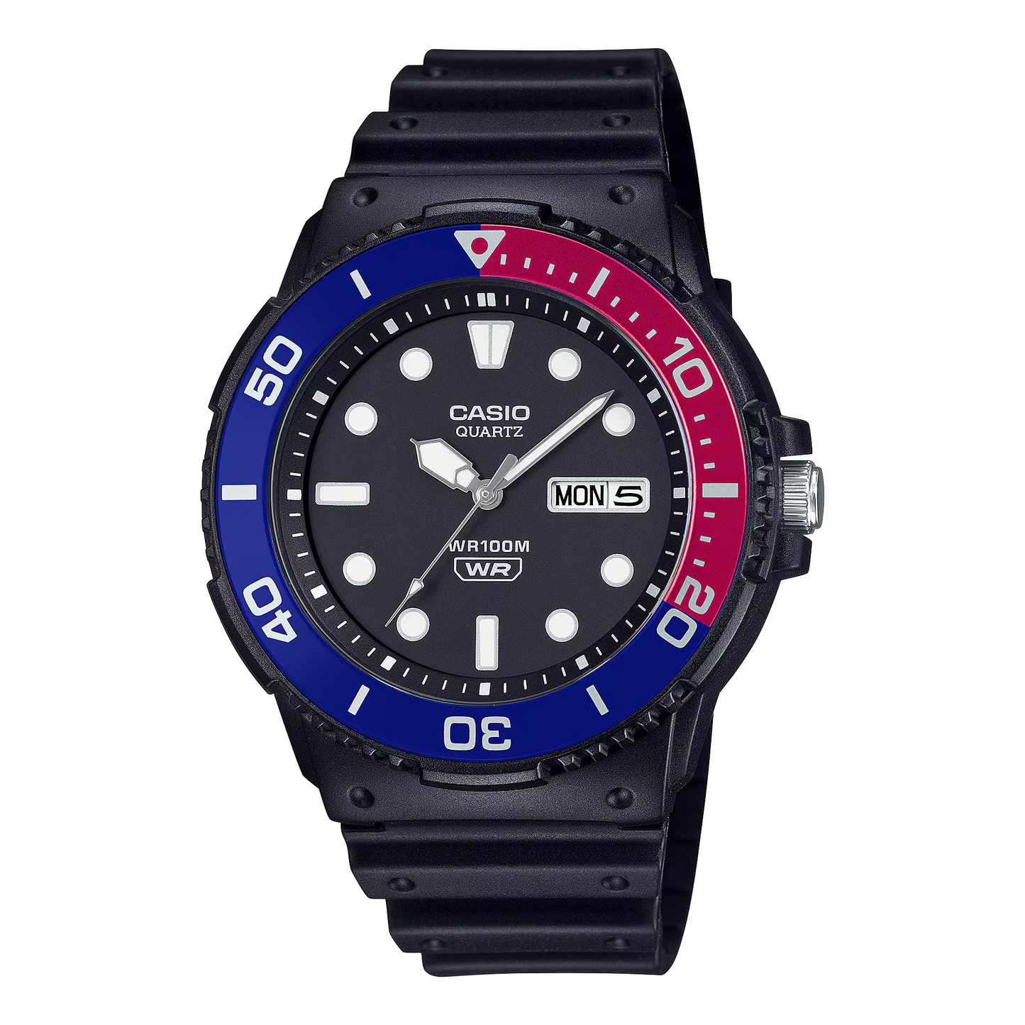 CASIO VINTAGE BLACK DIAL BLUE & RED BEZEL BLACK RESIN STRAP WATCH
