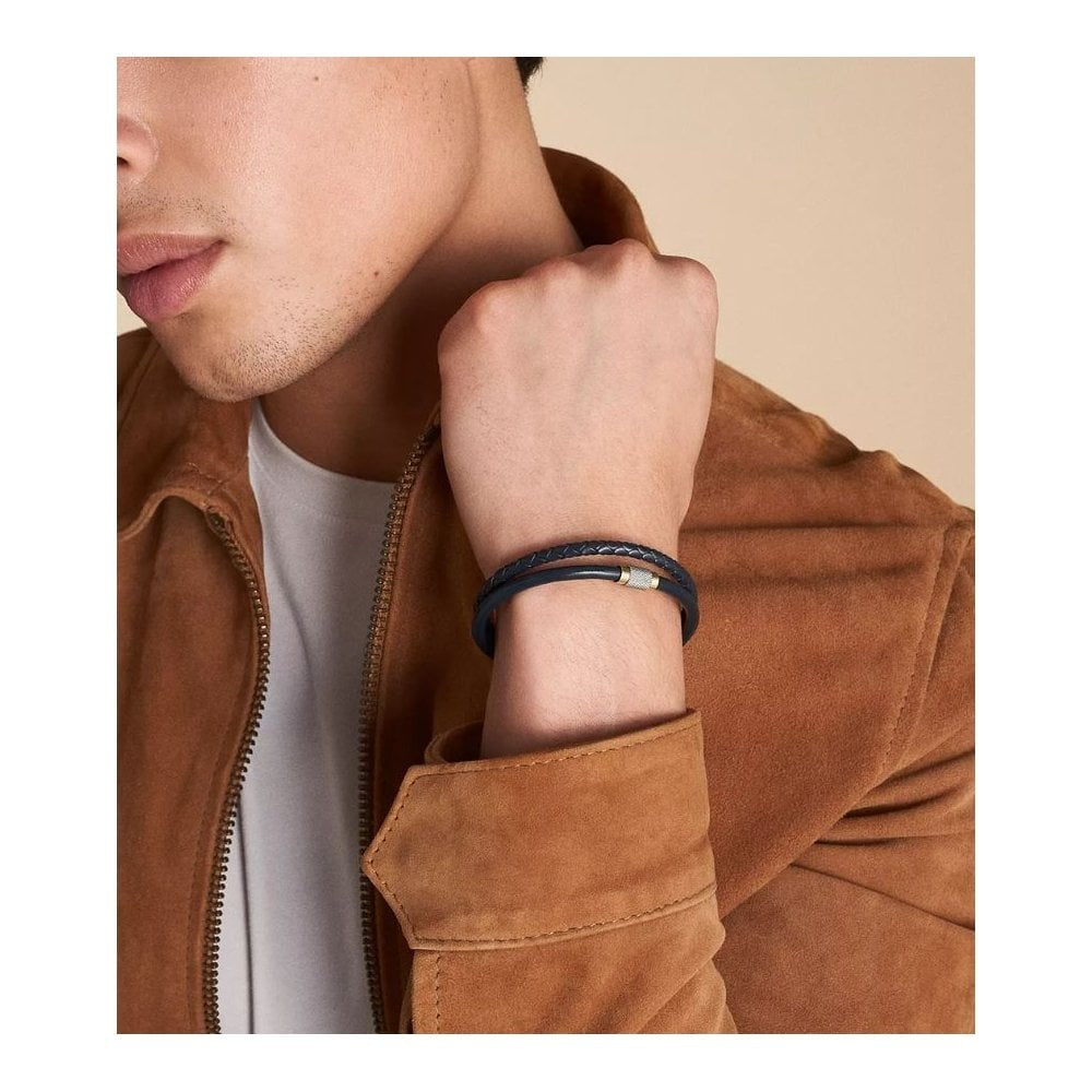 Machine Knurled Texture Navy Leather Multi-Strand Bracelet