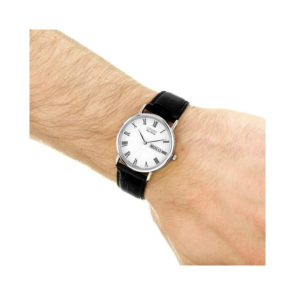 Mens Citizen Eco-drive stainless steel watch with black leather strap & day/date feature