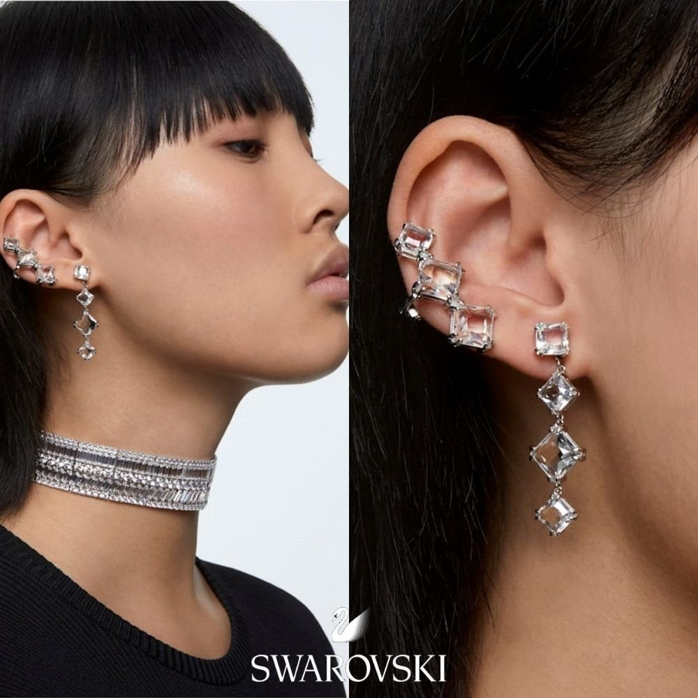 Millenia ear cuff, Set (2), Asymmetrical design, White, Rhodium plated